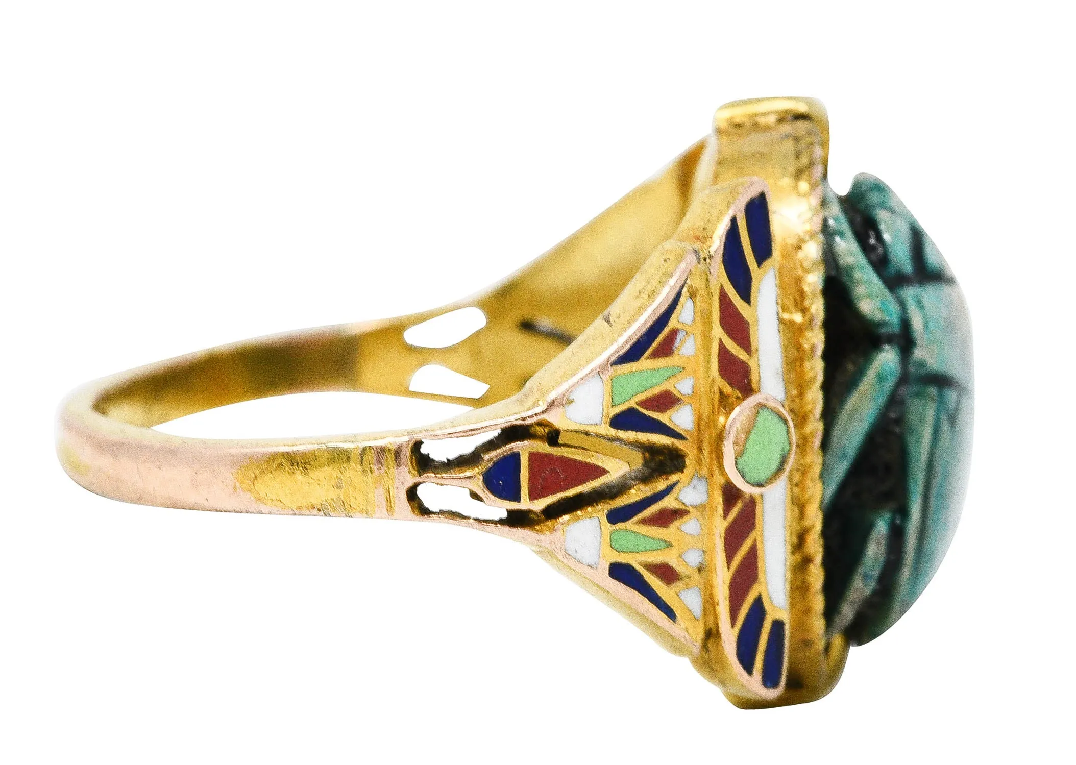 Art Deco Egyptian Revival Enamel Hardstone 14 Karat Gold Scarab Ring