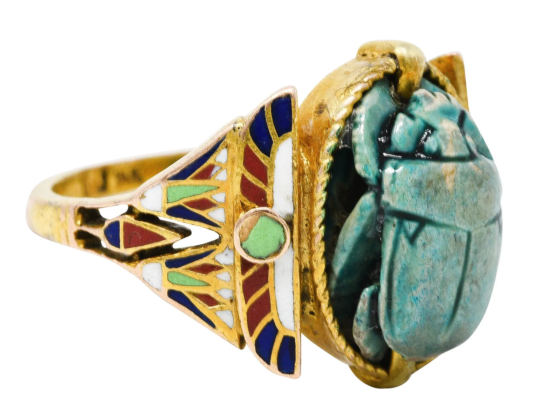 Art Deco Egyptian Revival Enamel Hardstone 14 Karat Gold Scarab Ring
