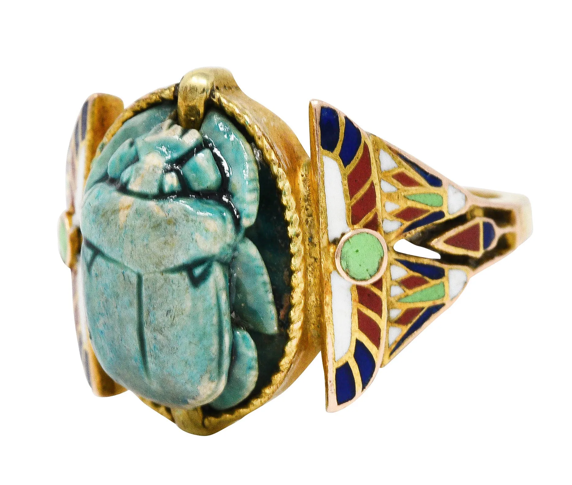 Art Deco Egyptian Revival Enamel Hardstone 14 Karat Gold Scarab Ring