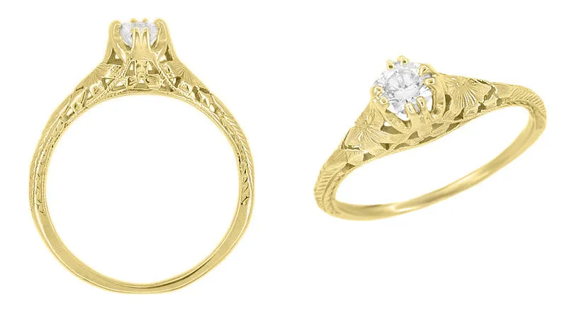 Art Deco Filigree Flowers and Wheat 1/3 Carat Engraved Engagement Ring Setting in 14 or 18 Karat Yellow Gold