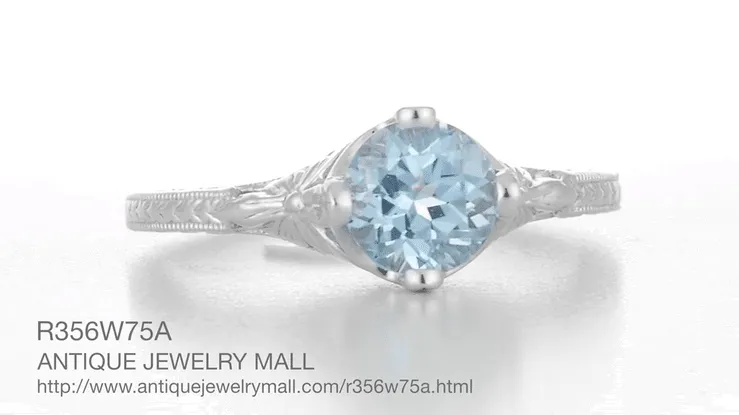 Art Deco Filigree Flowers and Wheat Engraved Aquamarine Engagement Ring in White Gold - 18K or 14K