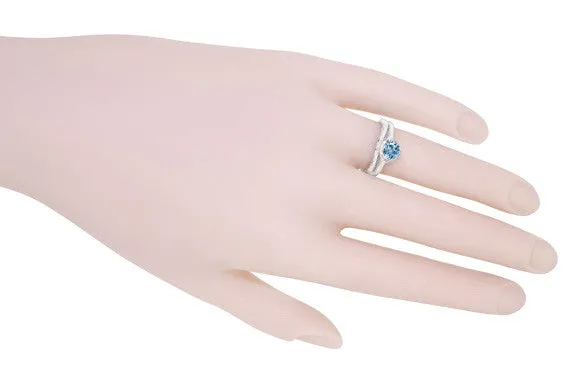 Art Deco Filigree Flowers and Wheat Engraved Aquamarine Engagement Ring in White Gold - 18K or 14K