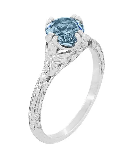 Art Deco Filigree Flowers and Wheat Engraved Aquamarine Engagement Ring in White Gold - 18K or 14K