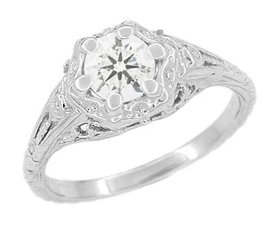 Art Deco Filigree Flowers Antique Design 0.49 Carat Old Diamond Engagement Ring in 14 Karat White Gold