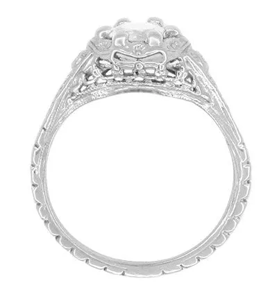 Art Deco Filigree Flowers Antique Design 0.49 Carat Old Diamond Engagement Ring in 14 Karat White Gold