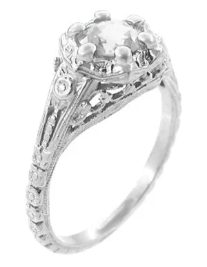 Art Deco Filigree Flowers Antique Design 0.49 Carat Old Diamond Engagement Ring in 14 Karat White Gold