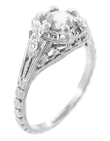 Art Deco Filigree Flowers Antique Design 0.49 Carat Old Diamond Engagement Ring in 14 Karat White Gold