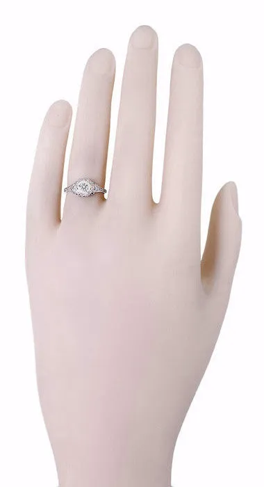 Art Deco Filigree Flowers Antique Design 0.49 Carat Old Diamond Engagement Ring in 14 Karat White Gold