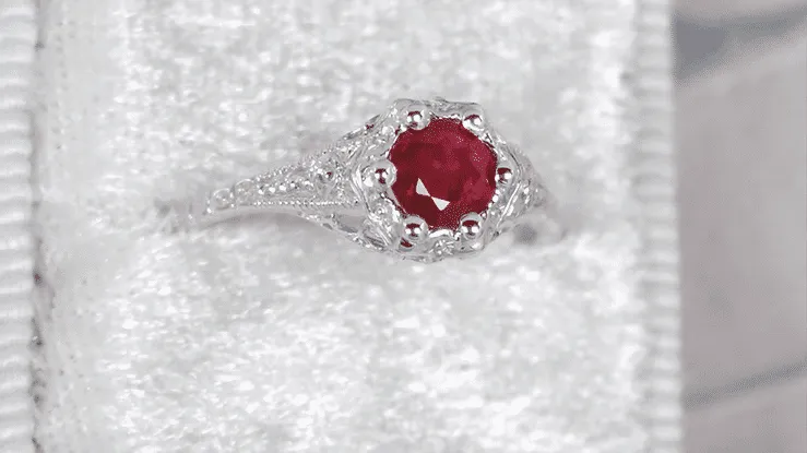 Art Deco Filigree Flowers Ruby Engagement Ring in 14 Karat White Gold
