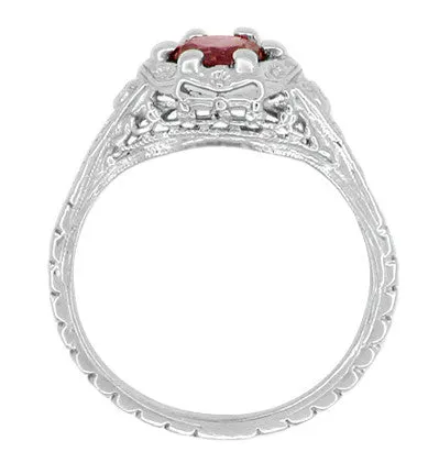 Art Deco Filigree Flowers Ruby Engagement Ring in 14 Karat White Gold