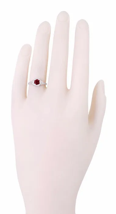 Art Deco Filigree Flowers Ruby Engagement Ring in 14 Karat White Gold