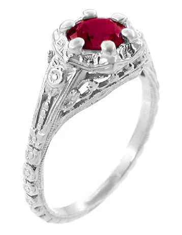 Art Deco Filigree Flowers Ruby Promise Ring in Sterling Silver