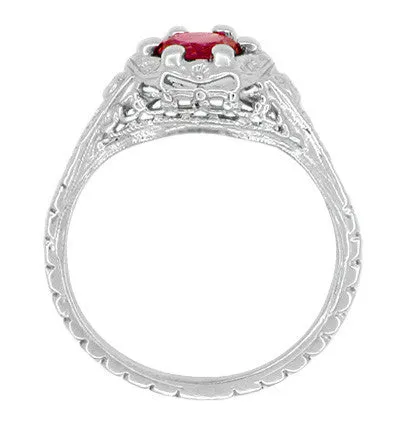 Art Deco Filigree Flowers Ruby Promise Ring in Sterling Silver