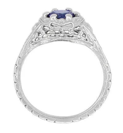 Art Deco Filigree Flowers Sapphire Engagement Ring in 14 Karat White Gold