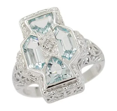 Art Deco Filigree Happy Family 4 Stone Blue Topaz and Diamond Filigree Ring in 14 Karat White Gold