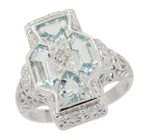 Art Deco Filigree Happy Family 4 Stone Blue Topaz and Diamond Filigree Ring in 14 Karat White Gold