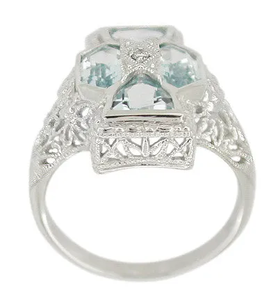 Art Deco Filigree Happy Family 4 Stone Blue Topaz and Diamond Filigree Ring in 14 Karat White Gold