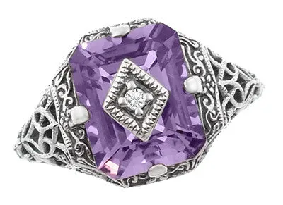 Art Deco Flowers and Leaves Amethyst and Diamond Filigree Ring  in Sterling Silver