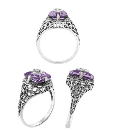 Art Deco Flowers and Leaves Amethyst and Diamond Filigree Ring  in Sterling Silver