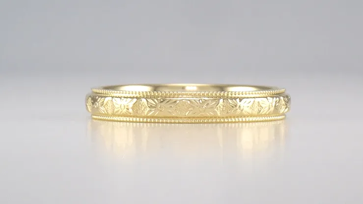 Art Deco Vintage Design Carved Dogwood Blossom Flowers Wedding Band in Yellow Gold