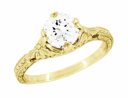 Art Deco Yellow Gold Floral Engraved Filigree 3/4 Carat Vintage Inspired Engagement Ring Mounting for a 6mm Round Stone