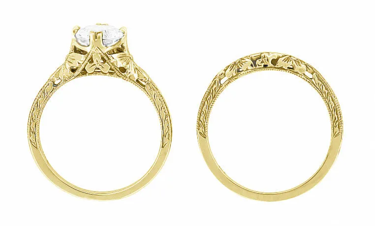 Art Deco Yellow Gold Floral Engraved Filigree 3/4 Carat Vintage Inspired Engagement Ring Mounting for a 6mm Round Stone