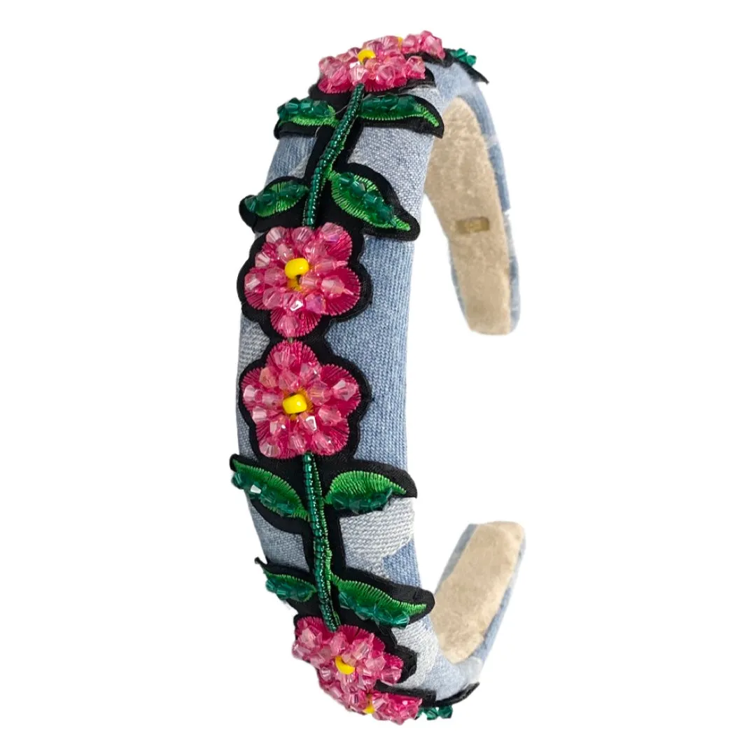 Bari Lynn Denim Patch Flower Beaded Headband