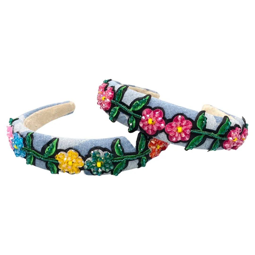 Bari Lynn Denim Patch Flower Beaded Headband