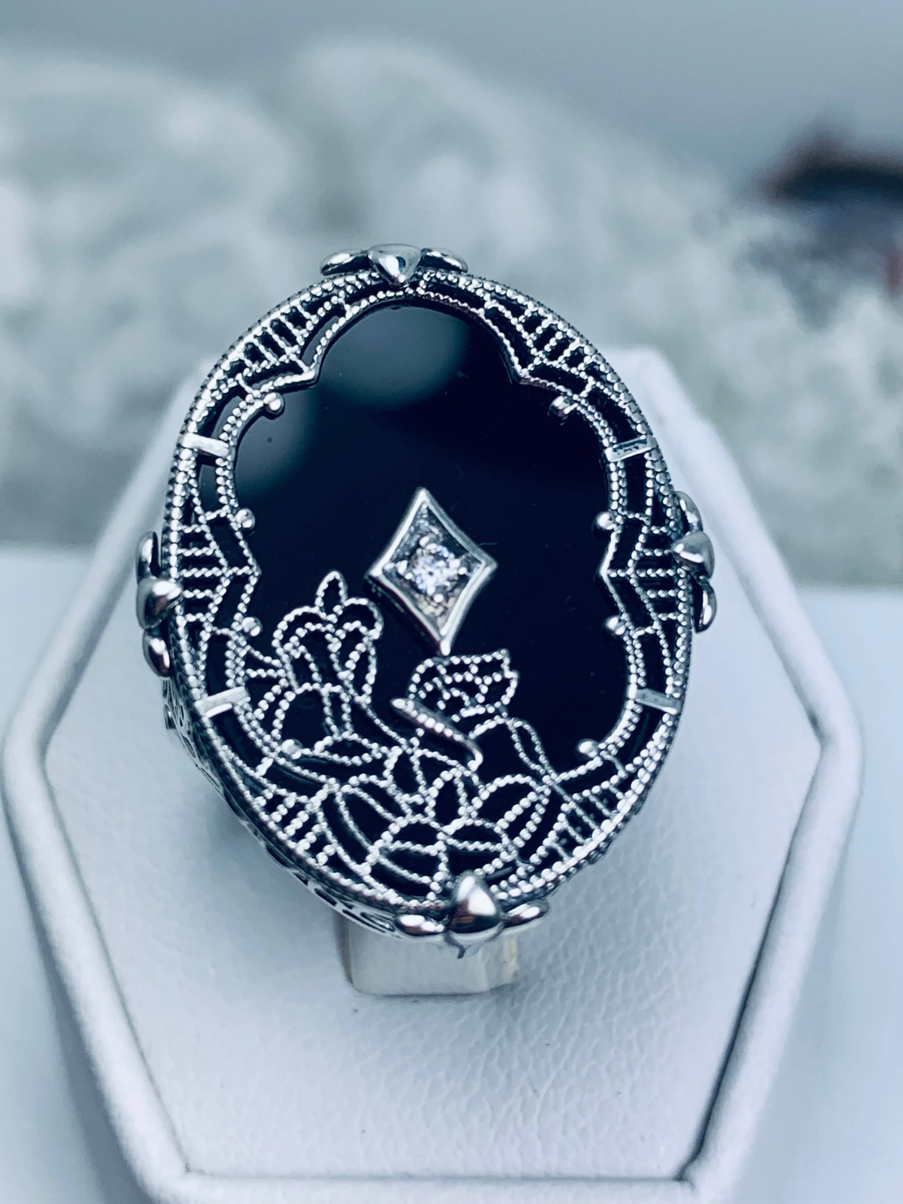 Black Camphor Glass Ring, Size 8, Oval Stained-Glass with inset, Looking Glass #D594 - Ready to Ship