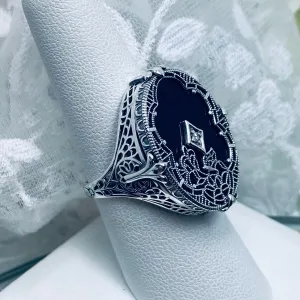 Black Camphor Glass Ring, Size 8, Oval Stained-Glass with inset, Looking Glass #D594 - Ready to Ship