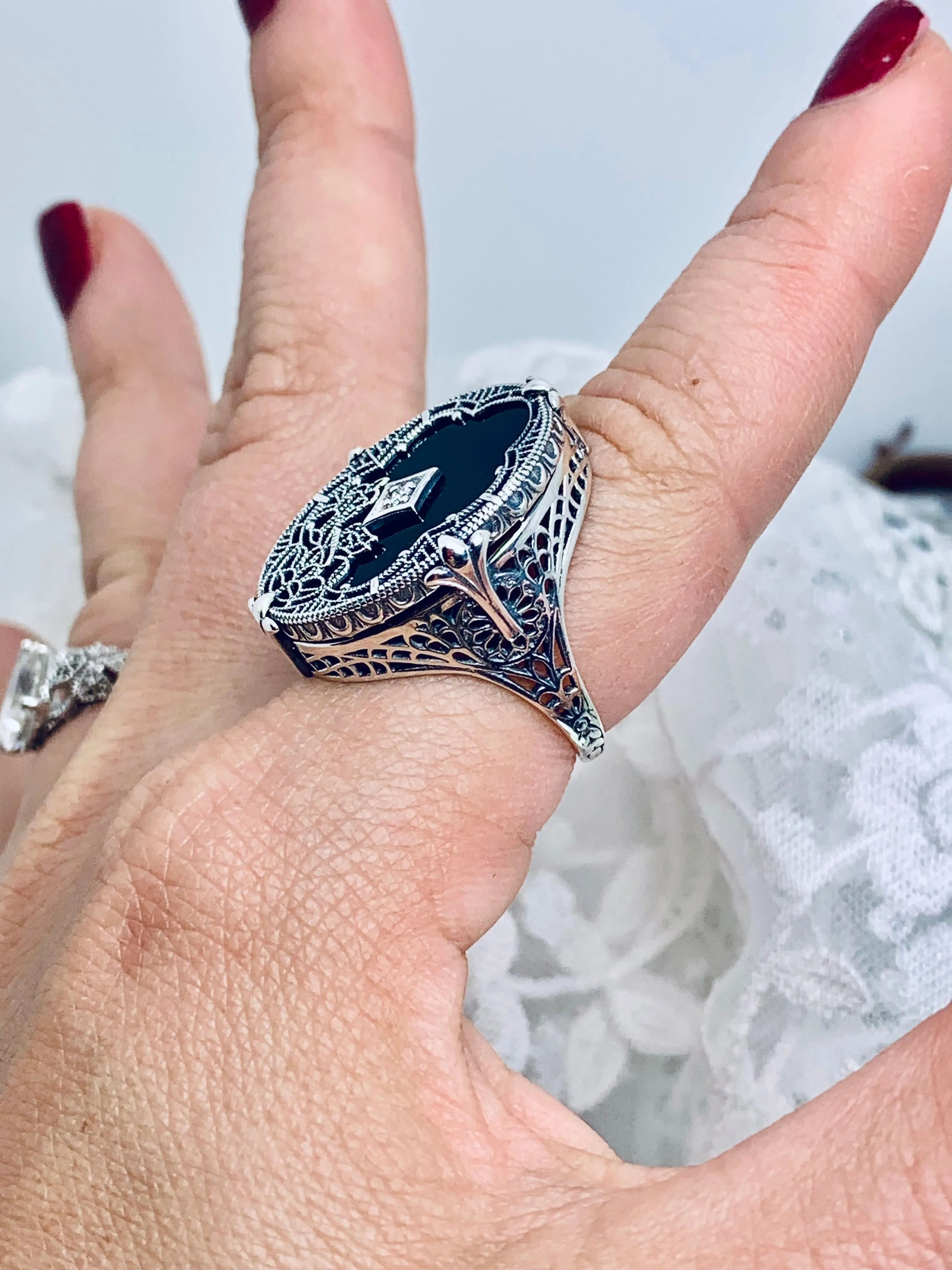 Black Camphor Glass Ring, Size 8, Oval Stained-Glass with inset, Looking Glass #D594 - Ready to Ship