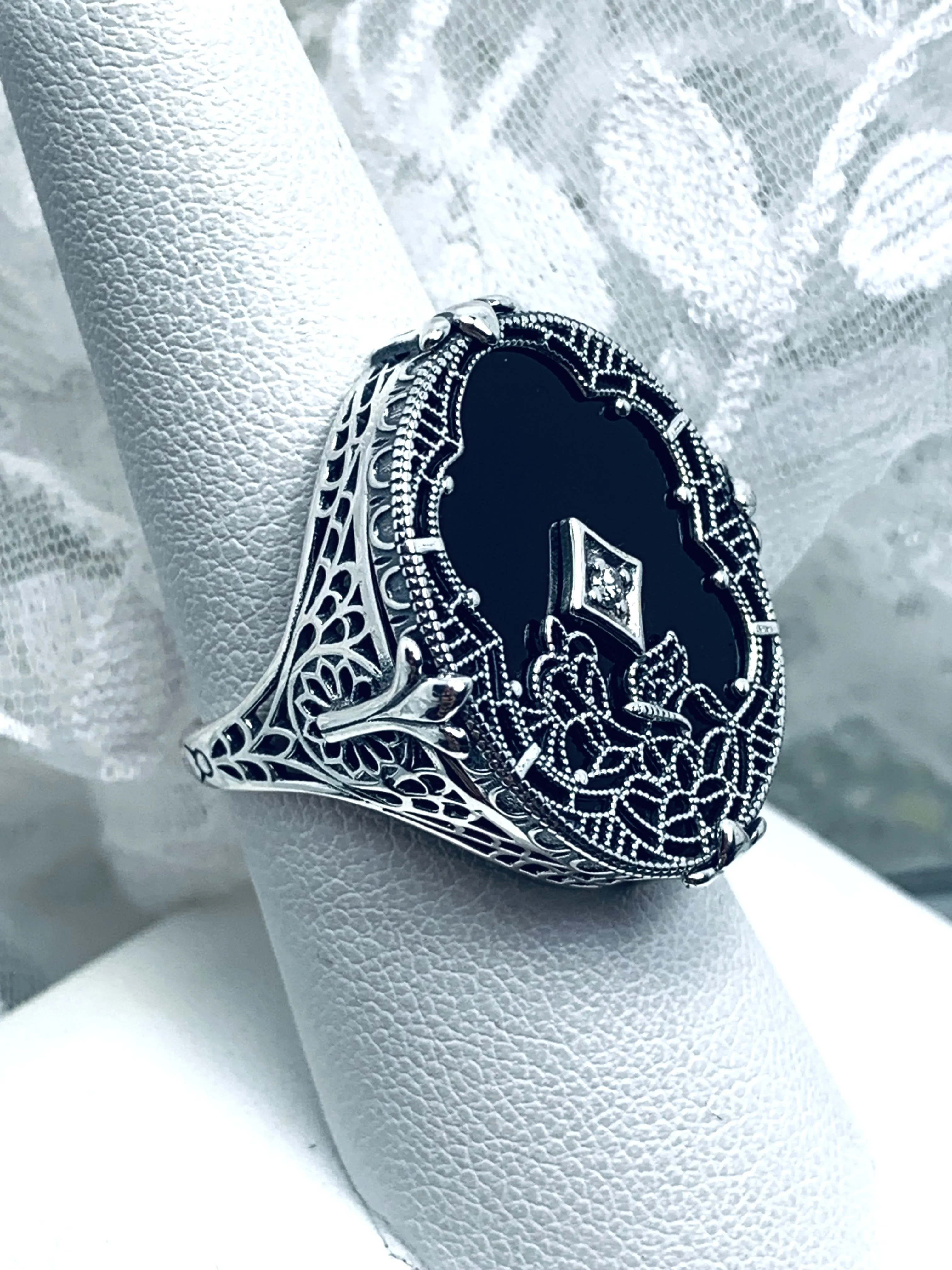Black Camphor Glass Ring, Size 8, Oval Stained-Glass with inset, Looking Glass #D594 - Ready to Ship
