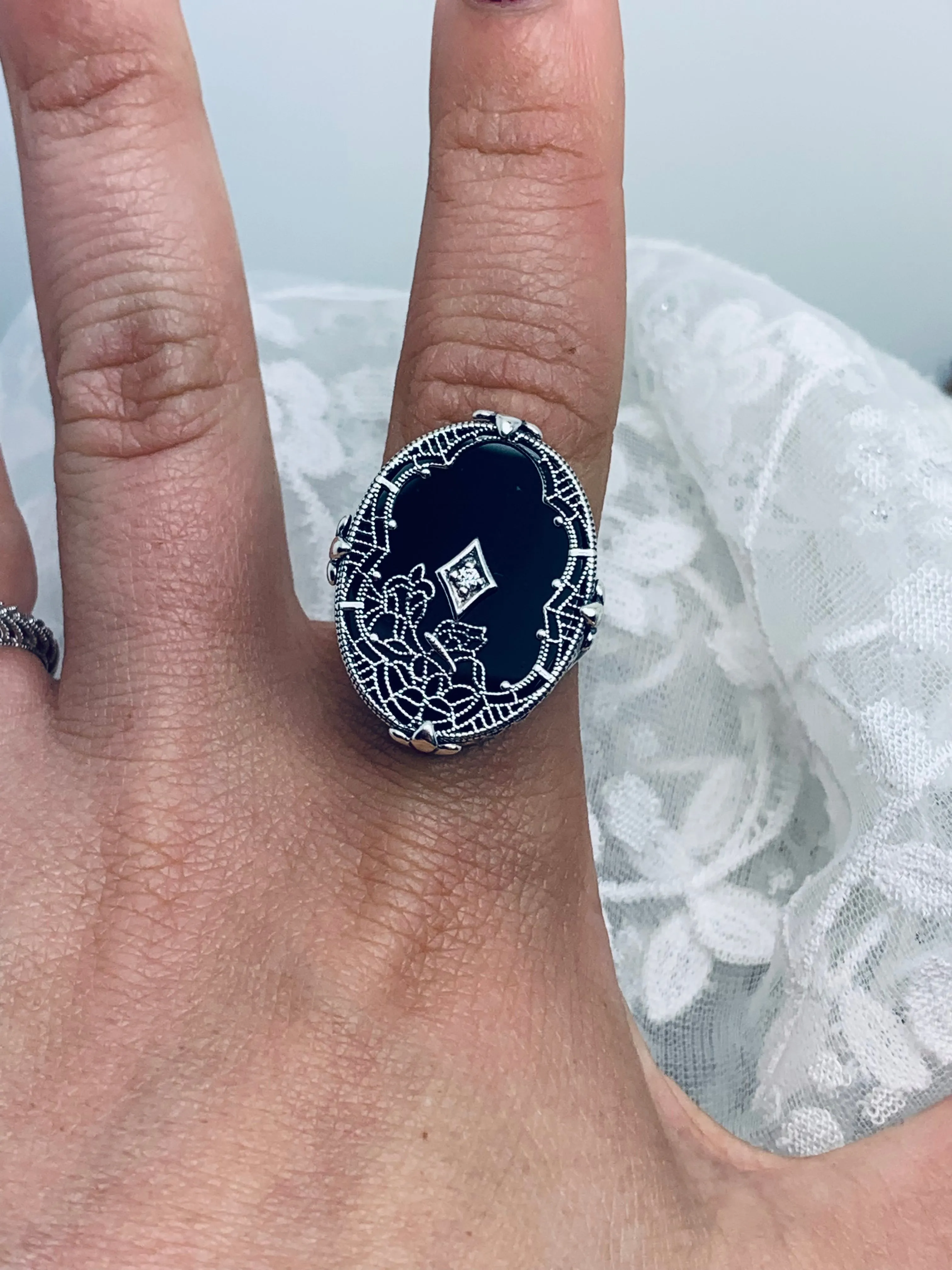 Black Camphor Glass Ring, Size 8, Oval Stained-Glass with inset, Looking Glass #D594 - Ready to Ship