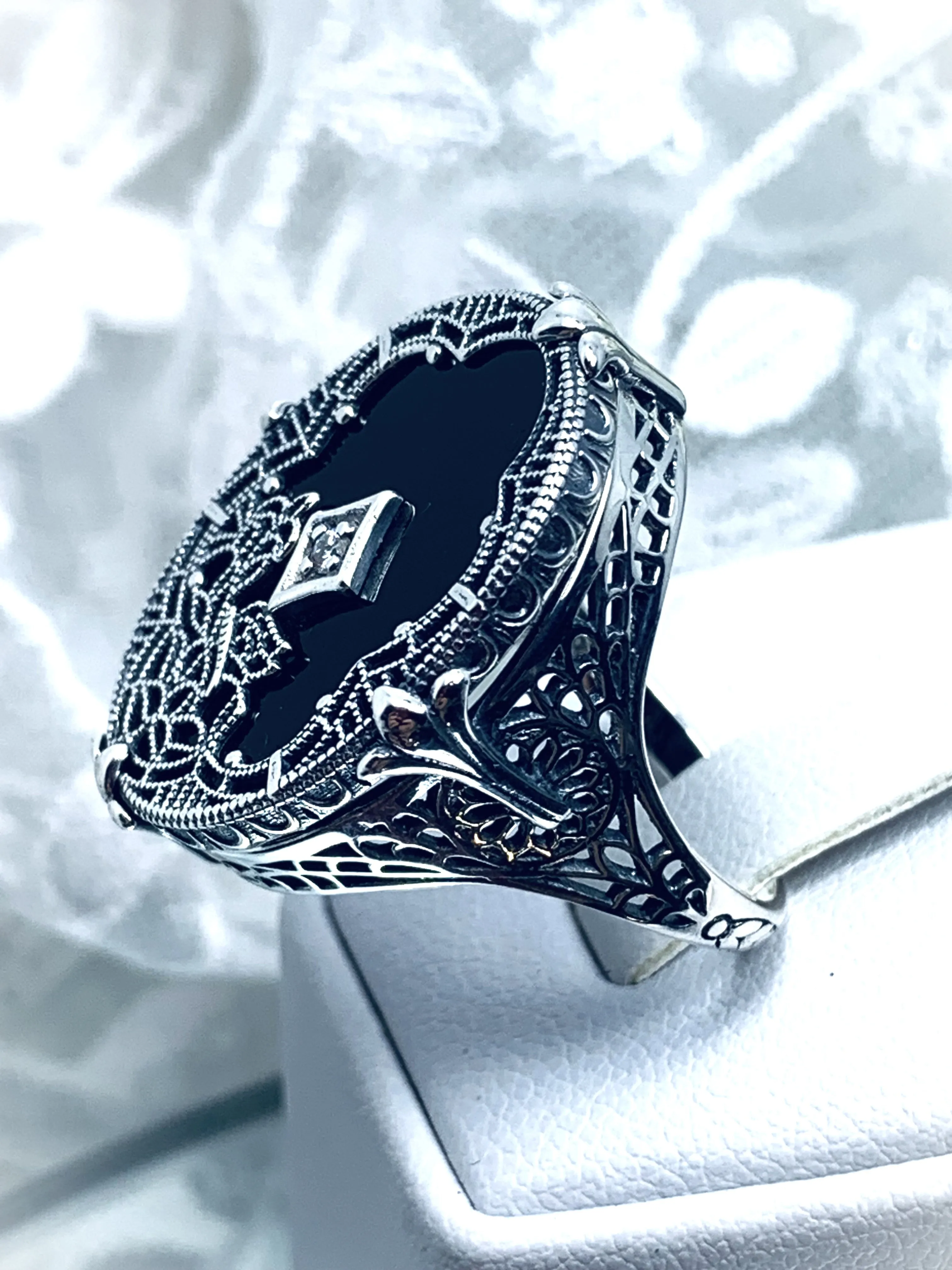 Black Camphor Glass Ring, Size 8, Oval Stained-Glass with inset, Looking Glass #D594 - Ready to Ship