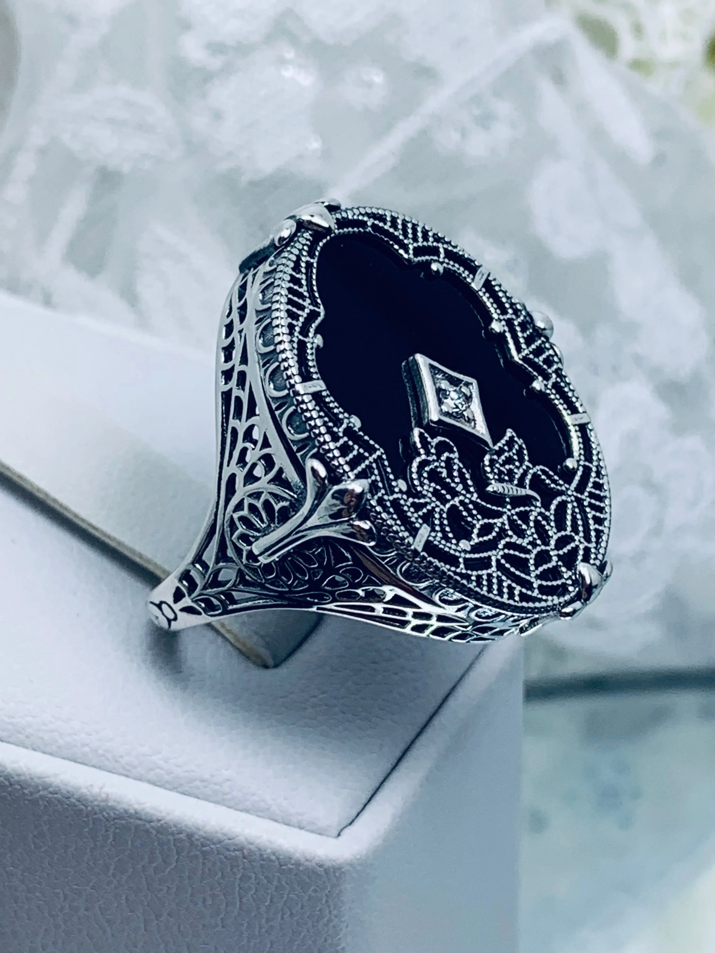 Black Camphor Glass Ring, Size 8, Oval Stained-Glass with inset, Looking Glass #D594 - Ready to Ship