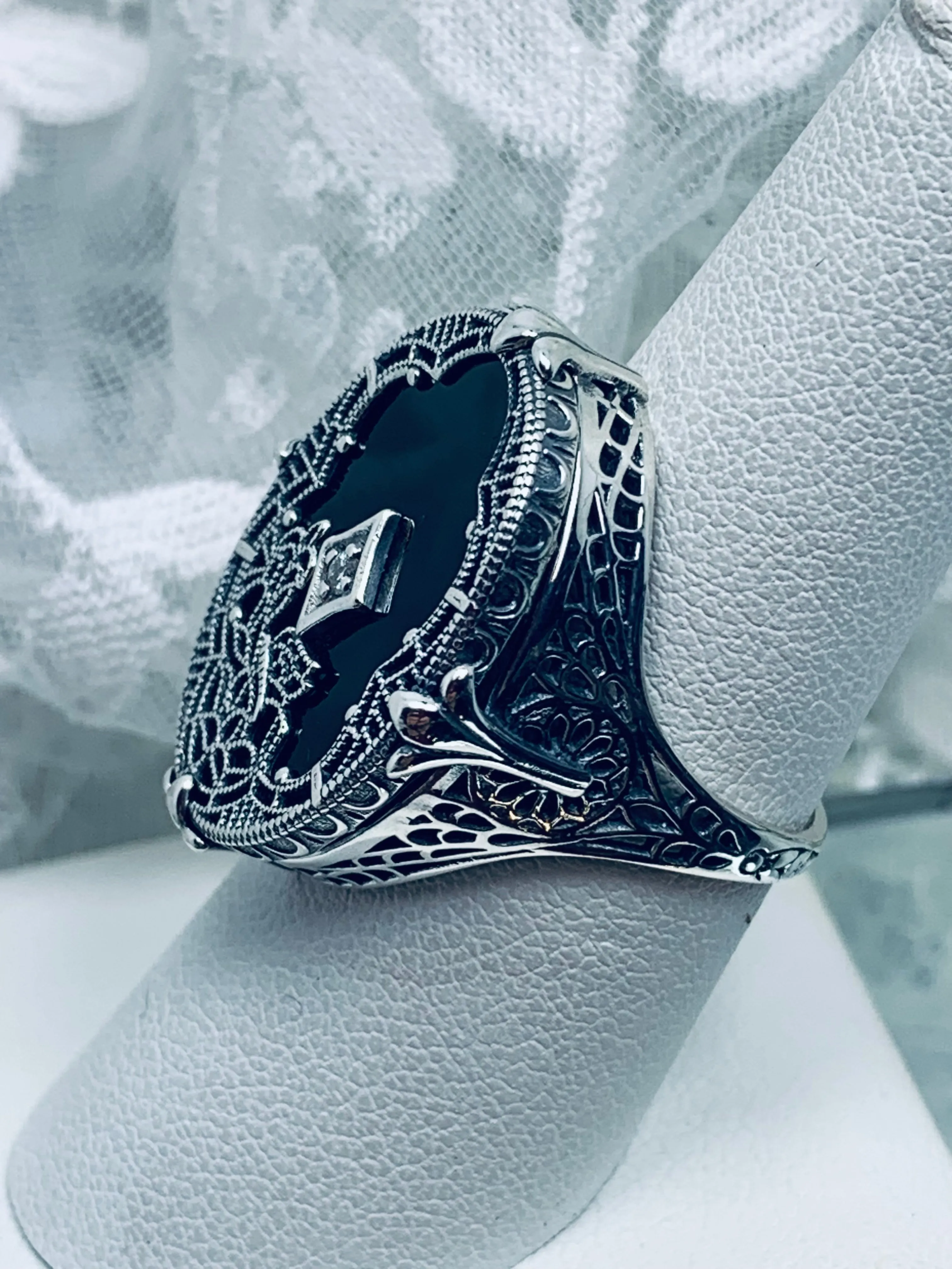 Black Camphor Glass Ring, Size 8, Oval Stained-Glass with inset, Looking Glass #D594 - Ready to Ship