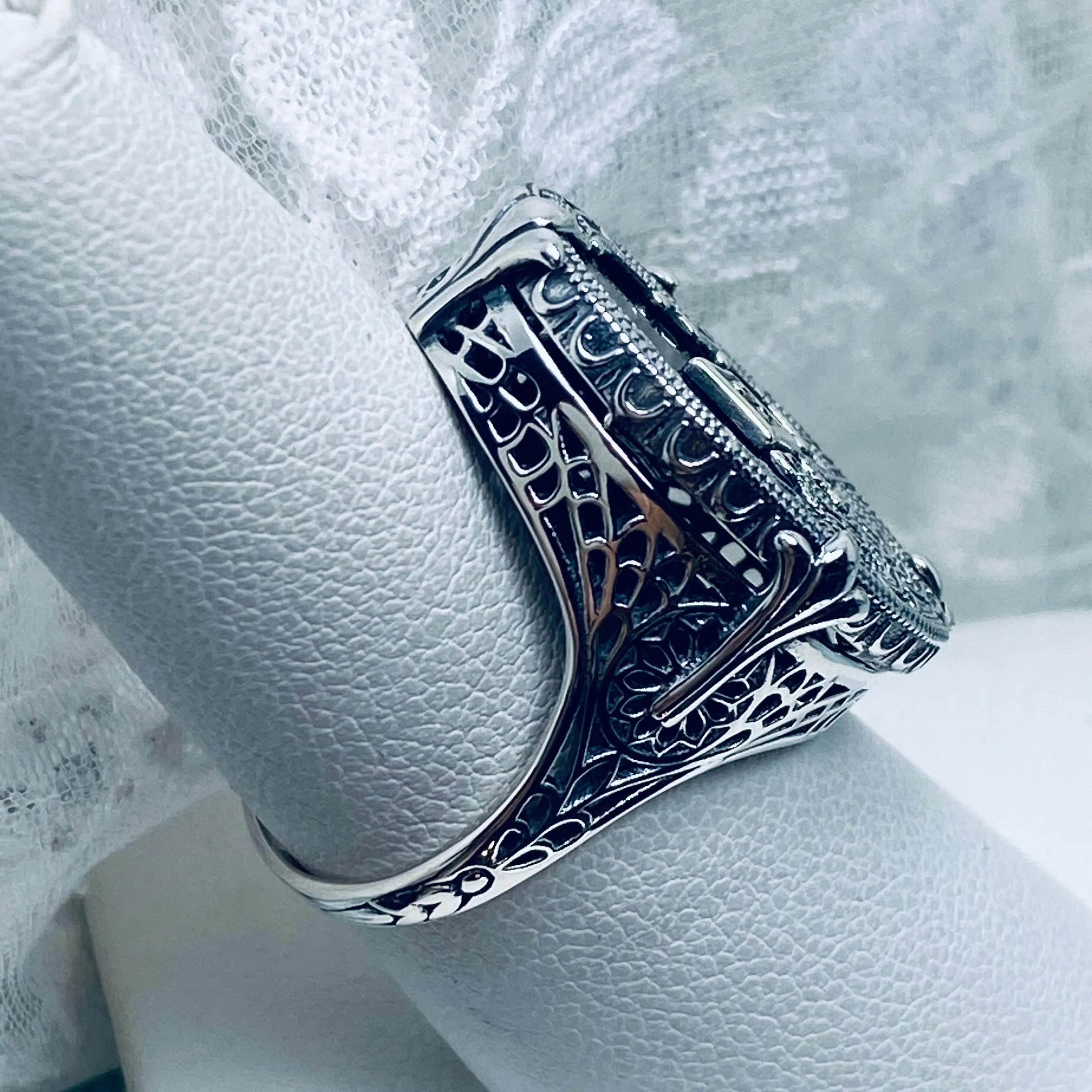 Black Camphor Glass Ring, Size 8, Oval Stained-Glass with inset, Looking Glass #D594 - Ready to Ship