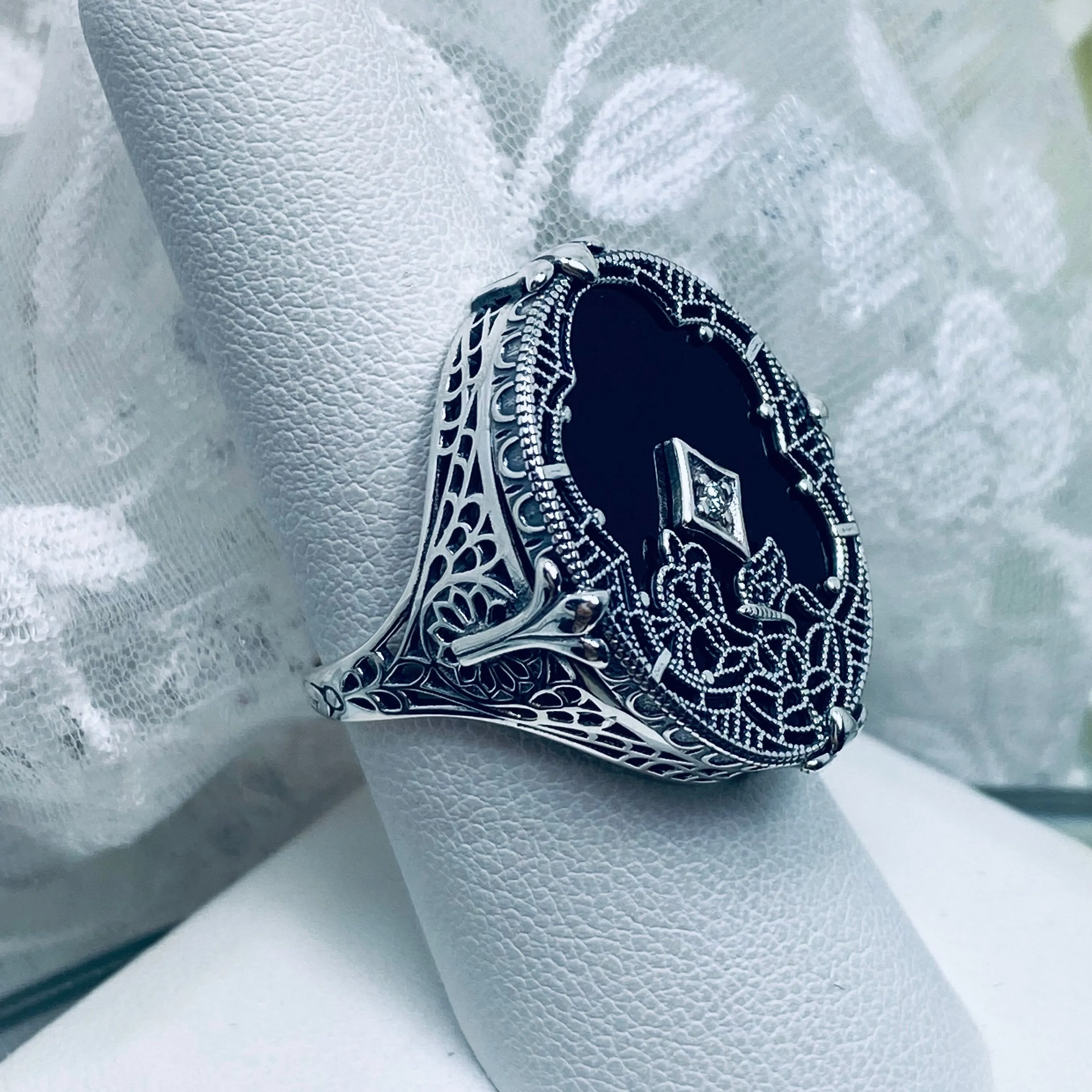 Black Camphor Glass Ring, Size 8, Oval Stained-Glass with inset, Looking Glass #D594 - Ready to Ship