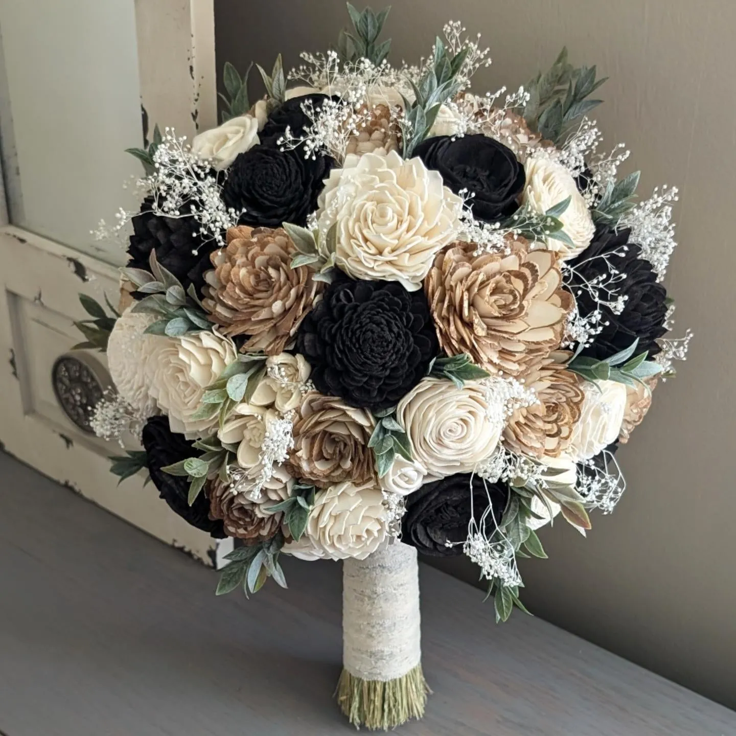 Black, Natural, and Ivory Bouquet with Baby's Breath and Greenery