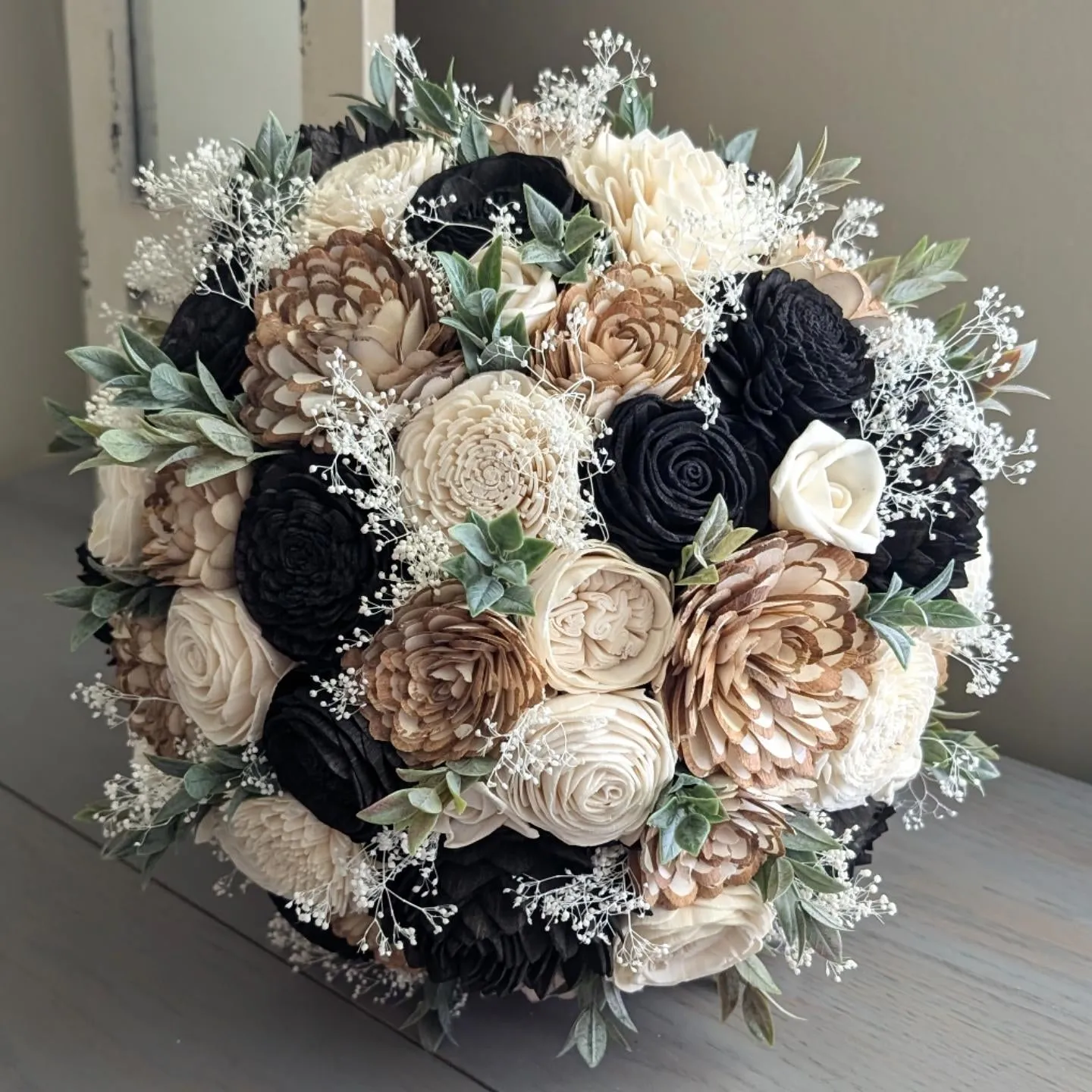 Black, Natural, and Ivory Bouquet with Baby's Breath and Greenery