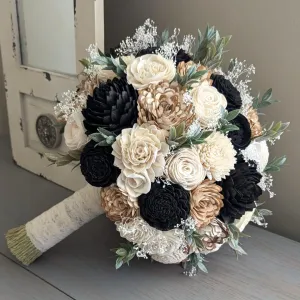 Black, Natural, and Ivory Bouquet with Baby's Breath and Greenery