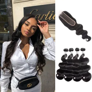 Body Wave 4 Bundles With 2x6 Lace Closure 100% Unprocessed Virgin Human Hair