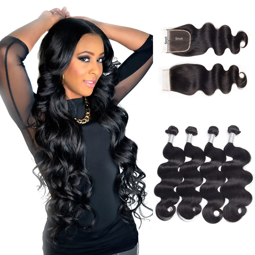 Body Wave 4 Bundles With 5x5 Lace Closure 100% Unprocessed Virgin Human Hair