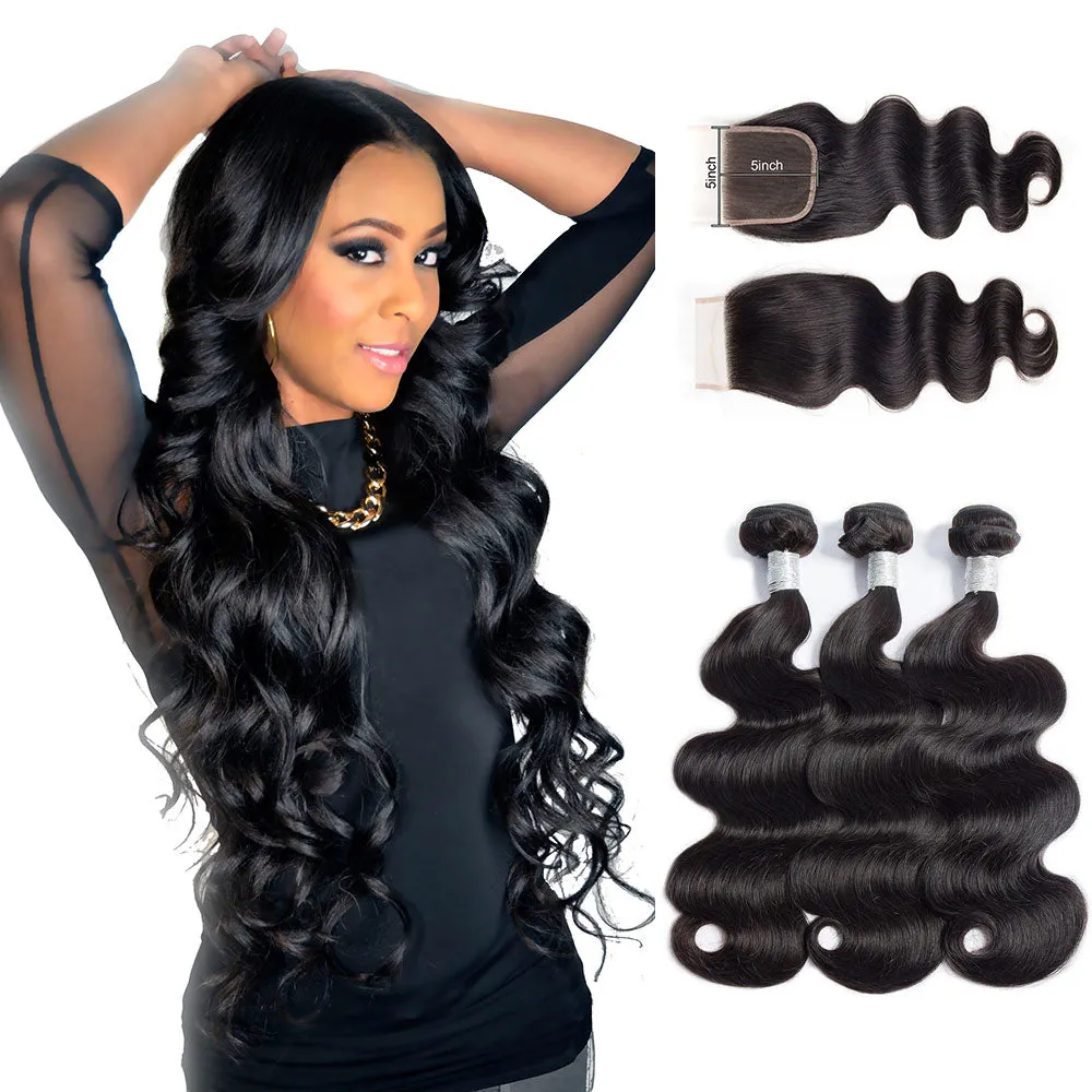 Body Wave 5x5 Closure with 3 Human Hair Weave Bundles 100% Unprocessed Virgin Hair