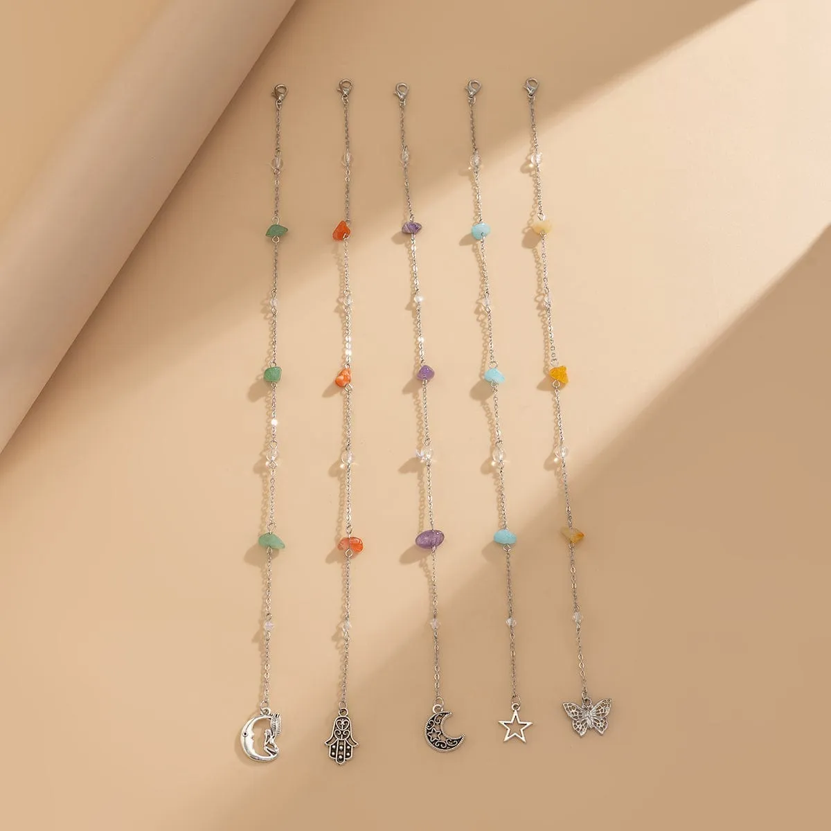 Bohemia 5pcs Moon Star Butterfly Charm Long Crystal Stone Chain Hair Braids Ring Set