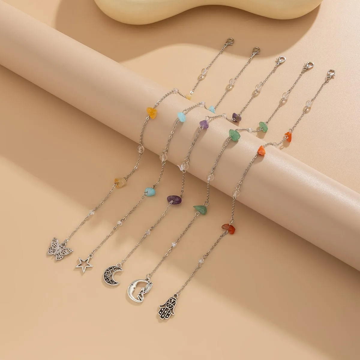 Bohemia 5pcs Moon Star Butterfly Charm Long Crystal Stone Chain Hair Braids Ring Set