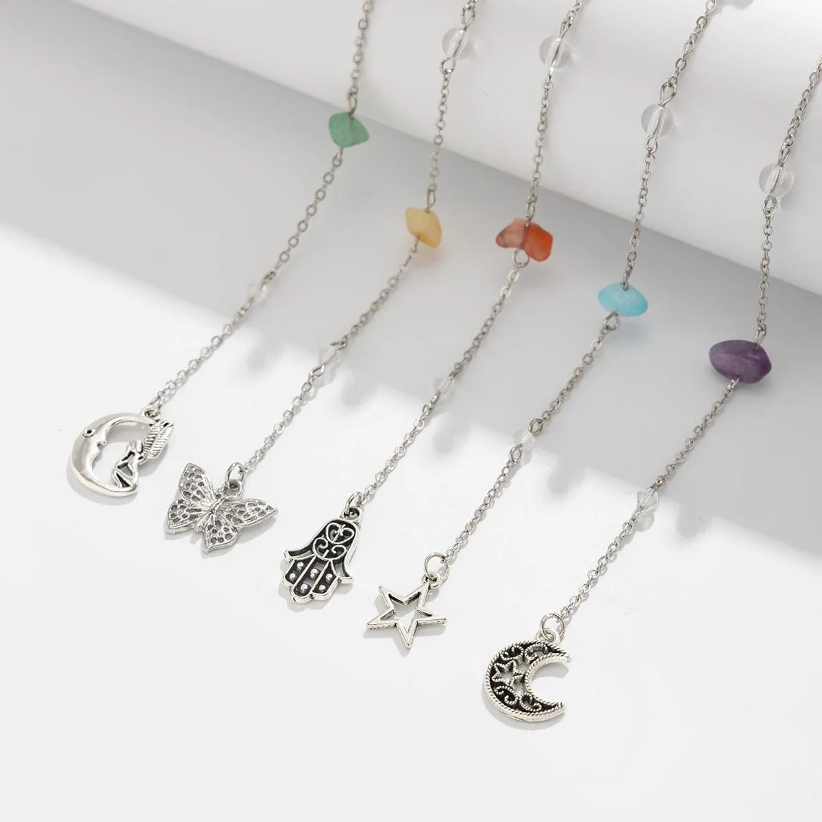 Bohemia 5pcs Moon Star Butterfly Charm Long Crystal Stone Chain Hair Braids Ring Set