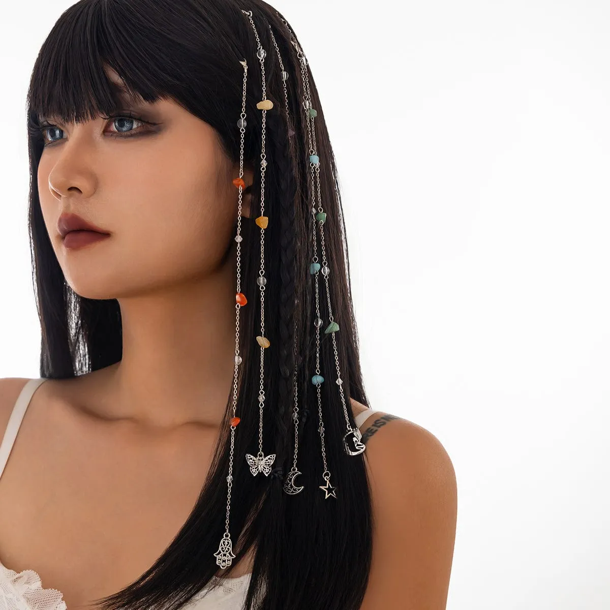 Bohemia 5pcs Moon Star Butterfly Charm Long Crystal Stone Chain Hair Braids Ring Set