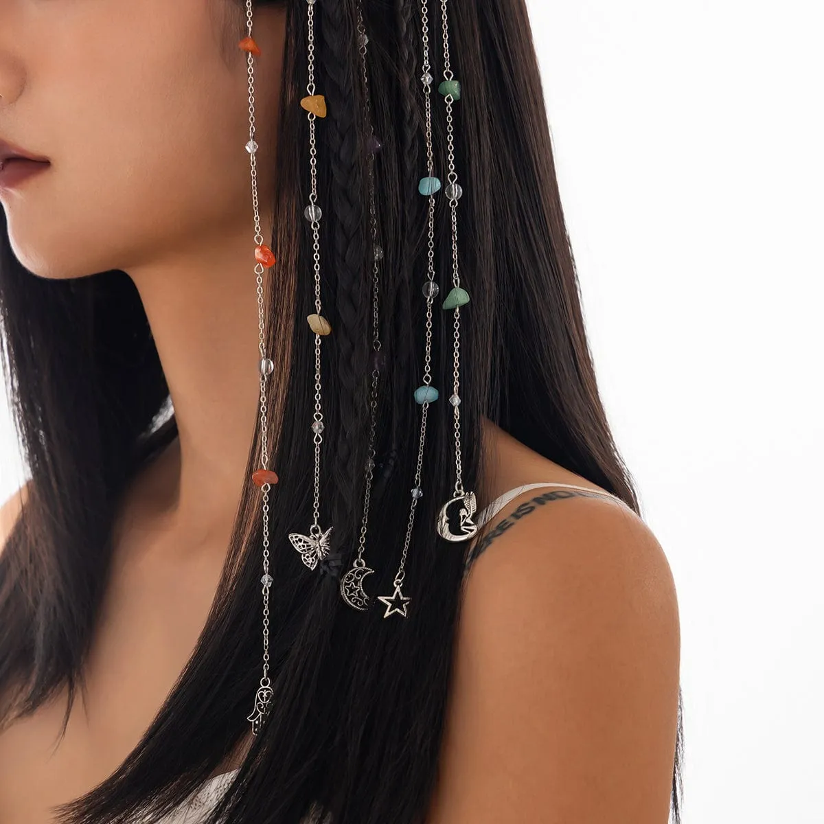 Bohemia 5pcs Moon Star Butterfly Charm Long Crystal Stone Chain Hair Braids Ring Set