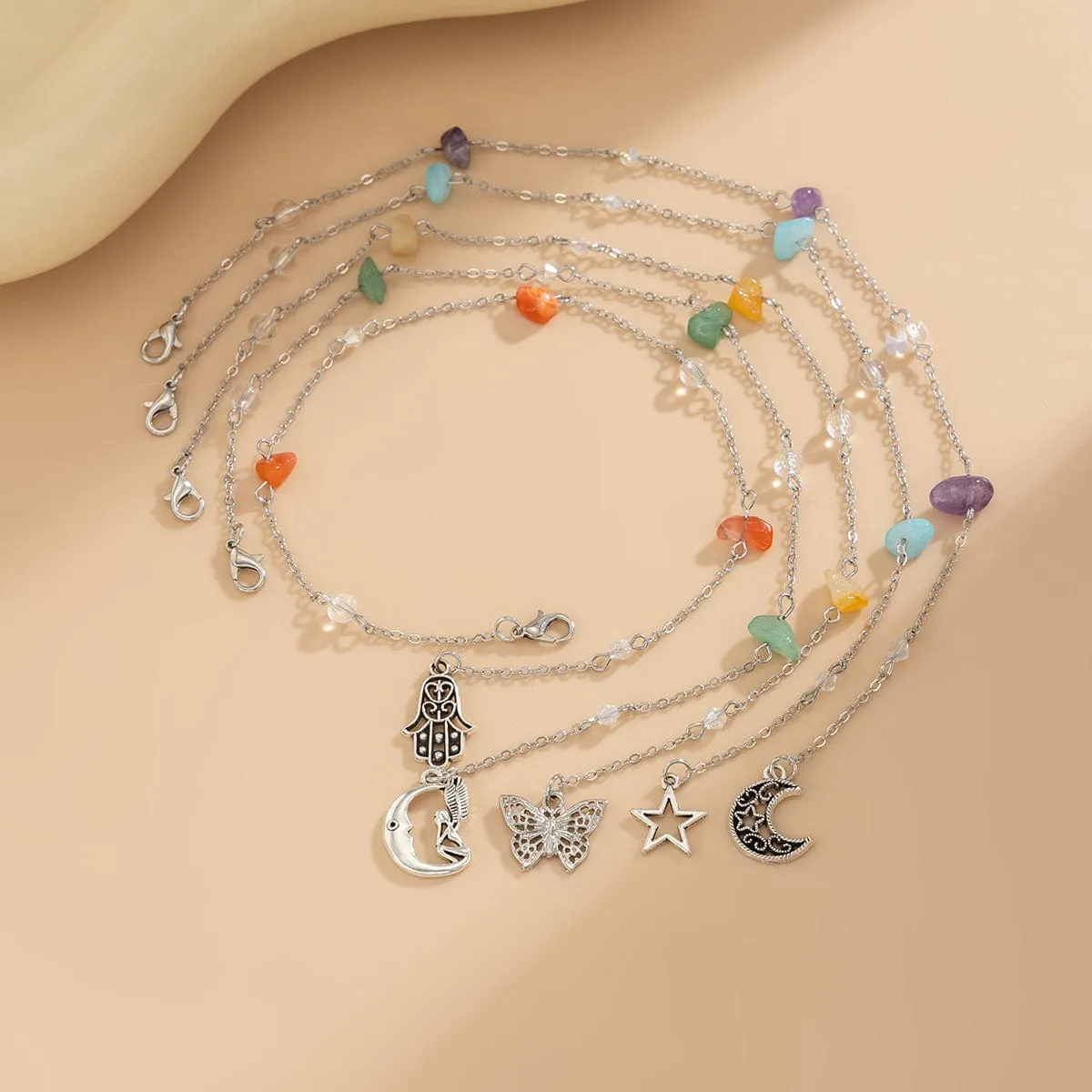 Bohemia 5pcs Moon Star Butterfly Charm Long Crystal Stone Chain Hair Braids Ring Set